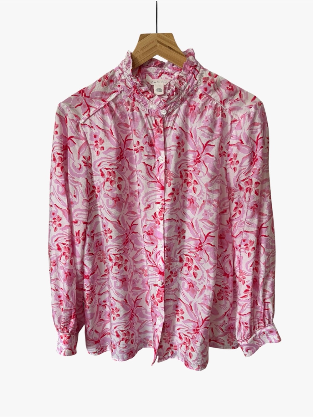 Caslon Pink Floral Ruffle-Neck Blouse